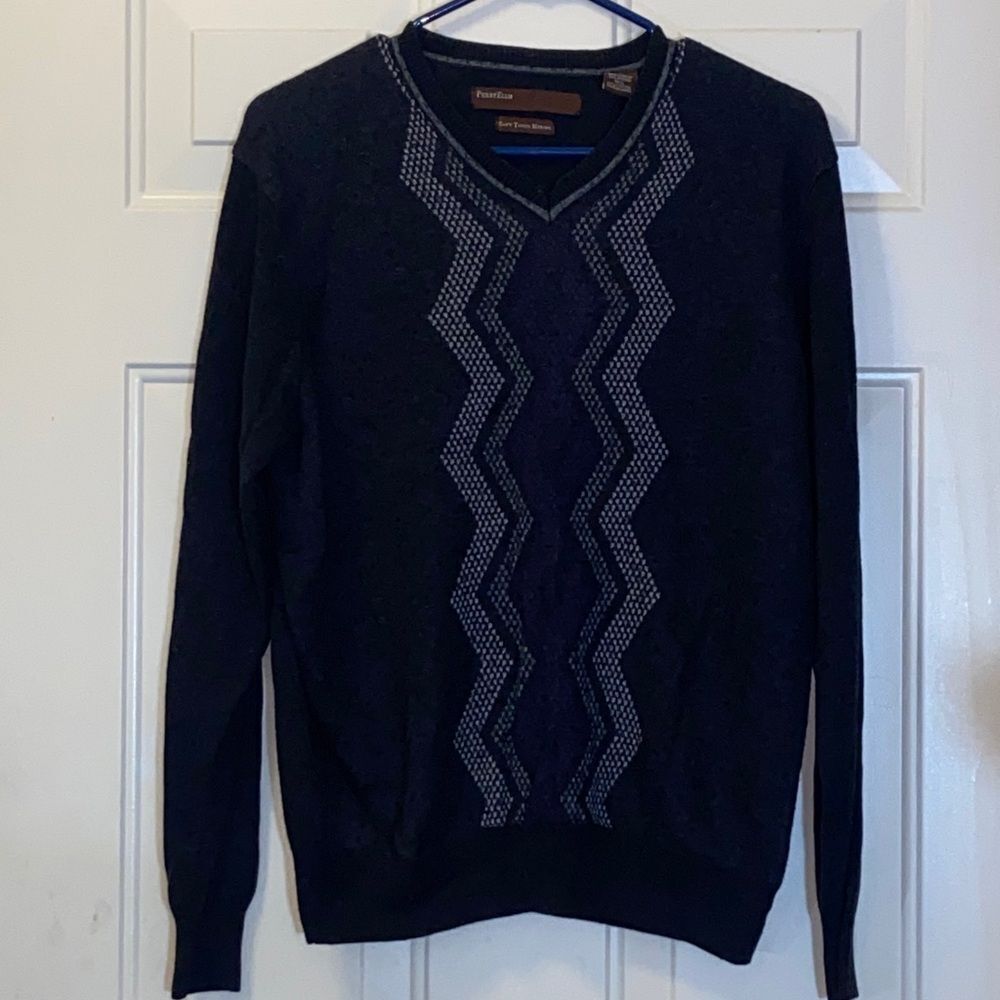 Perry Ellis Soft Touch Merino Croft & Barrow V-Neck Sweater In Black And Gray